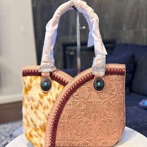 Montana West Tooled & Cowhide Whipstitch Tote Bag Pink